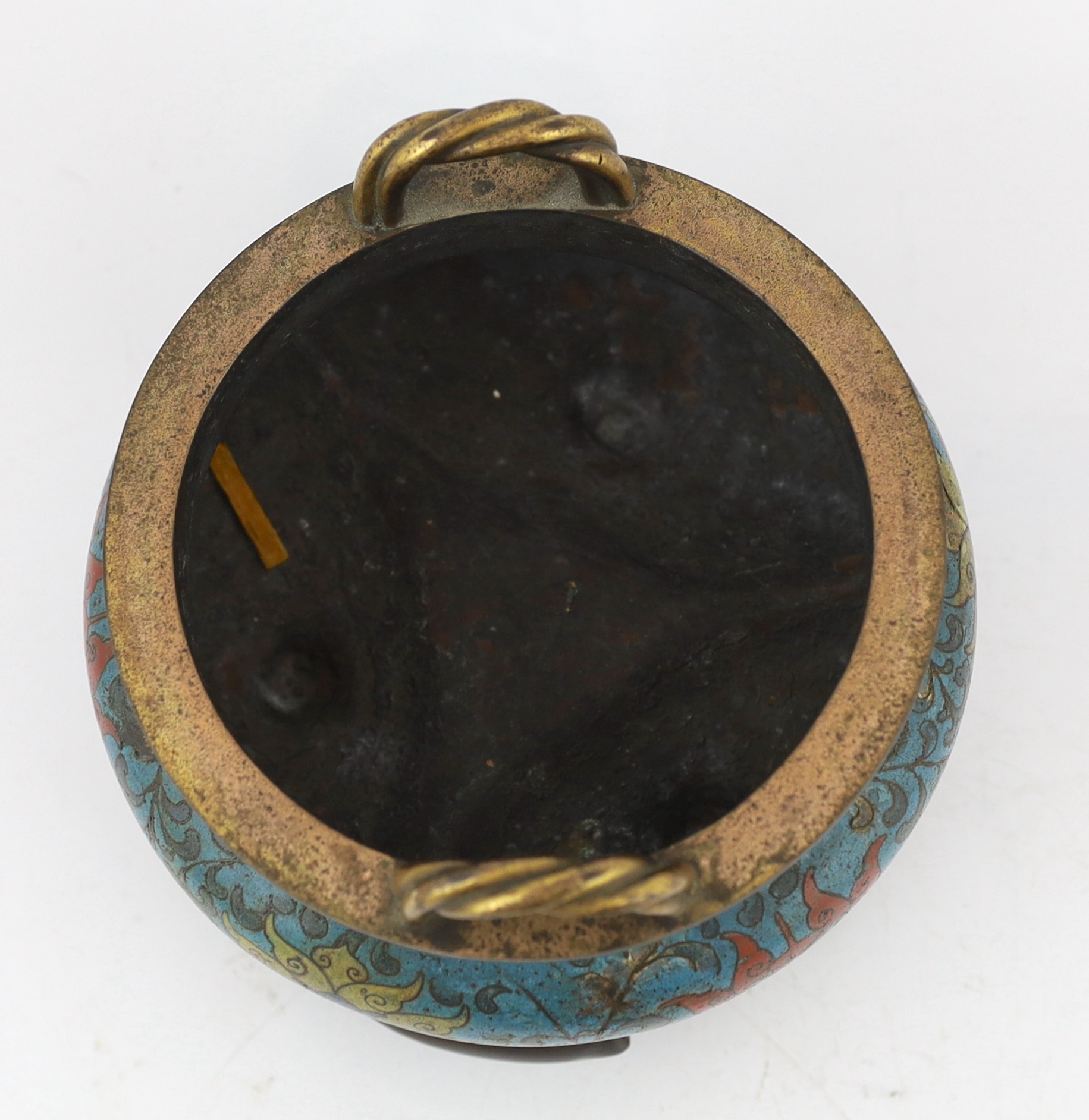 A Chinese cloisonné enamel tripod censer, Li, Xuande six character mark, Ming dynasty, 16th century